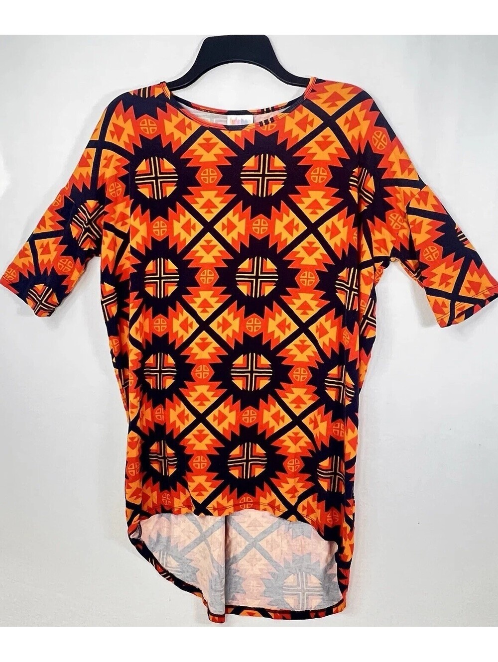 LuLaRoe Irma Tunic Shirt Hi Low Orange And Blue Aztec Print Sz XXS